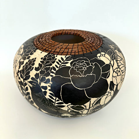 Black and white terra sigillata and sgraffito basket with pine needles edge feat. mourning doves, butterflies, lotuses and other plants by Carolyn Blazeck at Cottage Curator - Sperryville VA Art Gallery