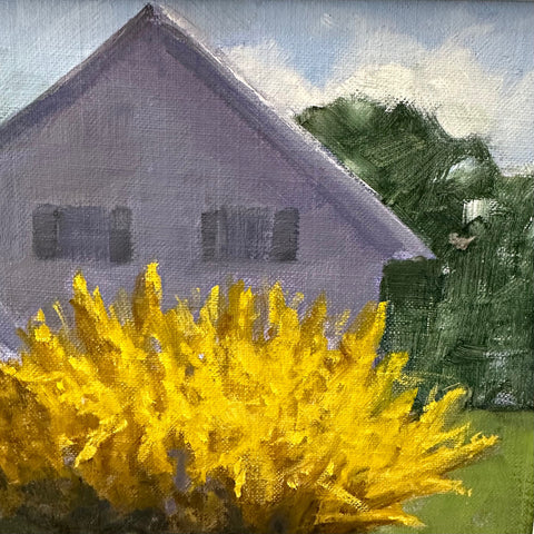 Detail of painting of a large yellow forsythis bush beside a farmhouse by Kathy Chumley - Cottage Curator - Sperryville VA Art Gallery