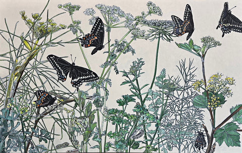 Painting of eastern swallowtail butterflies on flowers against a white background by Frances Coates at Nature's Studio art gallery, Front Royal, VA