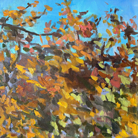 Detail of impressionist painting of trees against a blue sky by Priscilla Long Whitlock at Nature's Studio - Front Royal VA Art Gallery