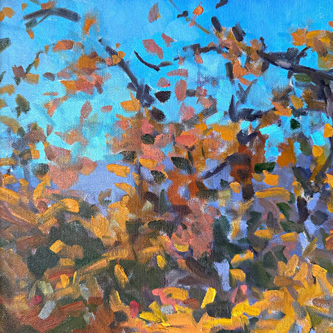 Detail of impressionist painting of trees against a blue sky by Priscilla Long Whitlock at Nature's Studio - Front Royal VA Art Gallery
