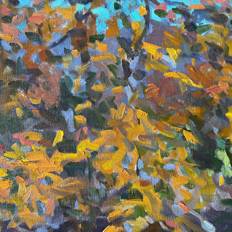 Detail of impressionist painting of trees against a blue sky by Priscilla Long Whitlock at Nature's Studio - Front Royal VA Art Gallery