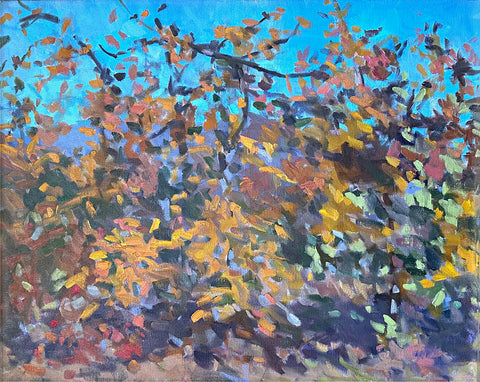 Impressionist painting of trees against a blue sky by Priscilla Long Whitlock at Nature's Studio - Front Royal VA Art Gallery