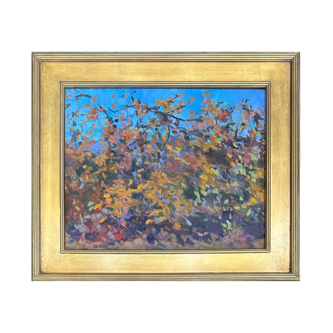 Gold framed impressionist painting of trees against a blue sky by Priscilla Long Whitlock at Nature's Studio - Front Royal VA Art Gallery