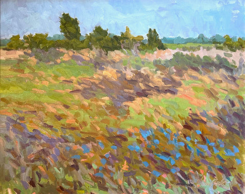 Impressionist painting of a field with trees in the background and water in the foreground by Priscilla Long Whitlock at Nature's Studio - Front Royal VA Art Gallery