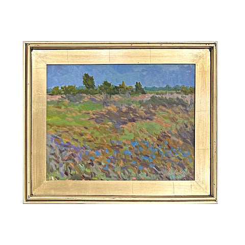 Impressionist painting of a field with trees in the background and water in the foreground in gold frame by Priscilla Long Whitlock at Nature's Studio - Front Royal VA Art Gallery