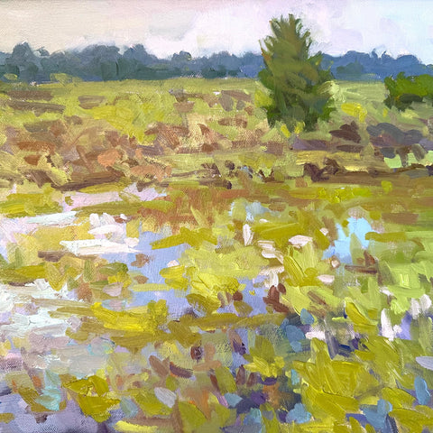Detail of impressionist landscape painting with tree line in the background and water in the foreground by Priscilla Long Whitlock at Nature's Studio - Front Royal VA Art Gallery