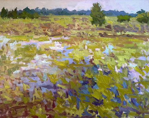 Impressionist painting of landscape with tree line in the background and water in the center by Priscilla Long Whitlock at Nature's Studio - Front Royal VA Art Gallery