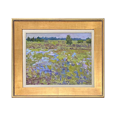Gold framed impressionist landscape painting with tree line in the background and water in the center by Priscilla Long Whitlock at Nature's Studio - Front Royal VA Art Gallery
