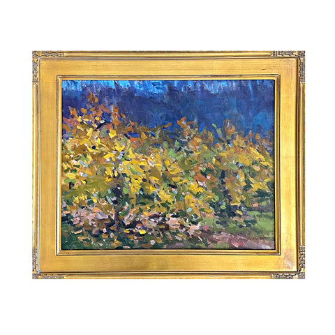 Gold framed impressionist painting of golden and orange trees against a dark blue sky by Priscilla Long Whitlock at Nature's Studio - Front Royal VA Art Gallery