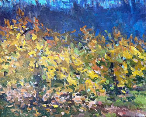 Impressionist painting of golden and orange trees against a dark blue sky by Priscilla Long Whitlock at Nature's Studio - Front Royal VA Art Gallery