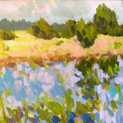 Detail of impressionist landscape painting with tree line and water by Priscilla Long Whitlock at Nature's Studio - Front Royal VA Art Gallery