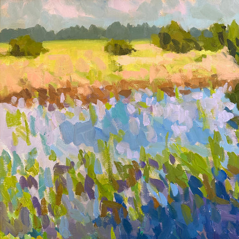 Detail of impressionist landscape painting with tree line and water by Priscilla Long Whitlock at Nature's Studio - Front Royal VA Art Gallery