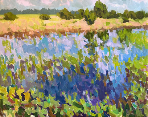 Impressionist painting of landscape with tree line in the background and water in the center by Priscilla Long Whitlock at Nature's Studio - Front Royal VA Art Gallery