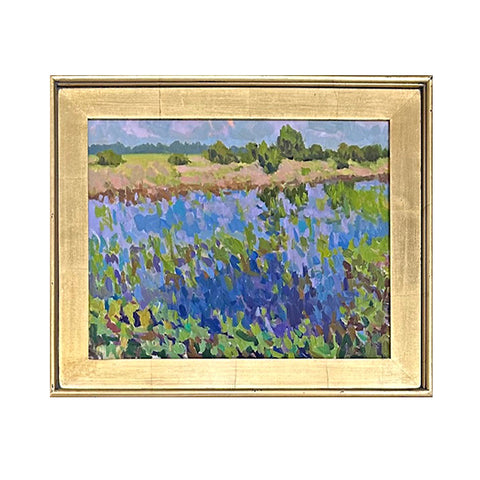 Gold framed landscape painting with tree line in the background and water in the center by Priscilla Long Whitlock at Nature's Studio - Front Royal VA Art Gallery