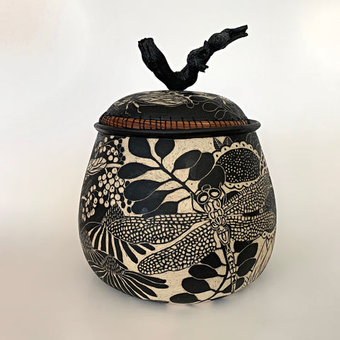 Lidded ceramic vessel with grape vine handle in black and white terra sigliatta technique with plants and insects by Carolyn Blazeck at Cottage Curator - Sperryville VA Art Gallery