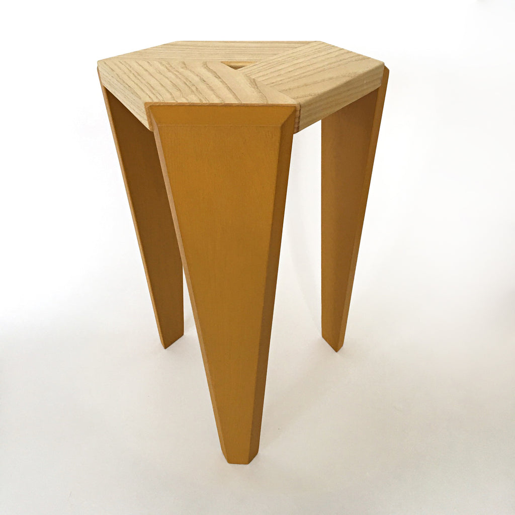 Three-legged hexagonal topped, stackable table made of ash with milkpaint by Christina Boy at Cottage Curator - Sperryville VA Art Gallery