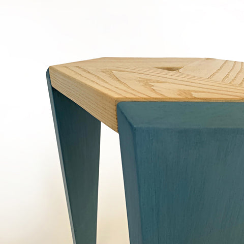 Detail photo of top and side of stool with hexagonal top made of ash with milkpainted blue legs by Christina Boy at Cottage Curator - Sperryville VA Art Gallery