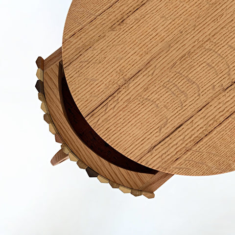 Top view of small round three-legged end table with open drawer made of ash, cork and milkpaint by Christina Boy at Cottage Curator - Sperryville VA Art Gallery