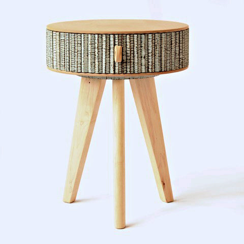 Round, three-legged table in maple and cherry with drawer by Christina Boy at Cottage Curator Sperryville VA