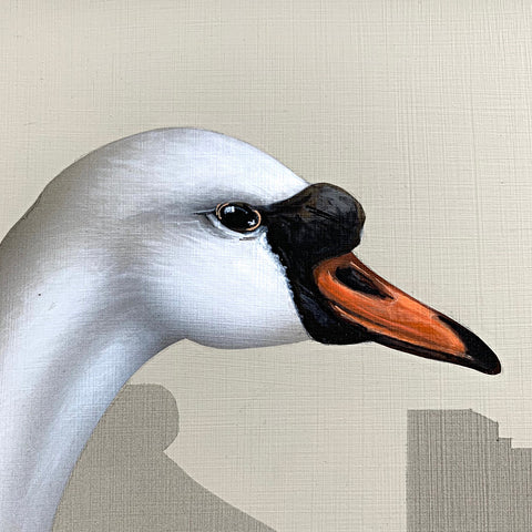 Detail of "Close Up" - a painting of a mute swan looking into a camera on a tripod by James Carter at Cottage Curator Sperryville VA Art Gallery