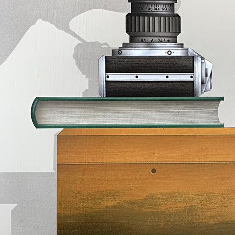 Detail of book, box, and camera from still life painting of a raven sitting on the edge of a camera lens and looking in by James Carter at Cottage Curator - Sperryville VA Art Gallery