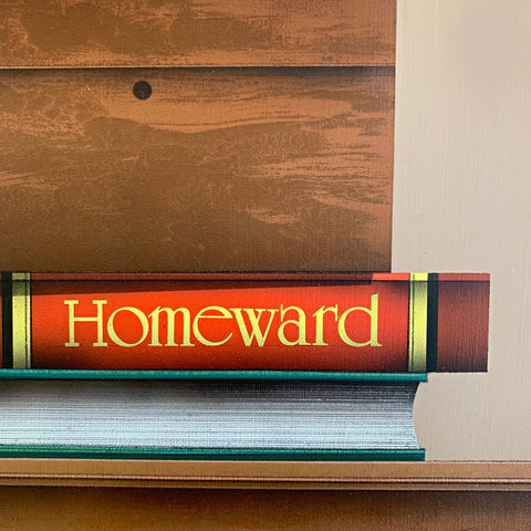 Detail of books in painting of Ruby-throated hummingbird perched on a teapcup sitting atop a box and stack of books, one called Homeward by James Carter at Cottage Curator - Sperryville VA Art Gallery