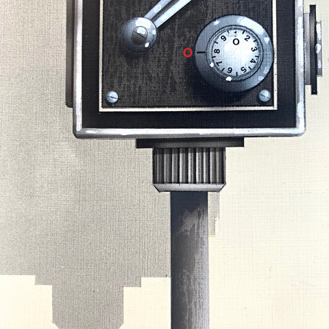 Detail of painting of Mute Swan in front of an antique recording device by James Carter at Cottage Curator - Sperryville VA Art Gallery