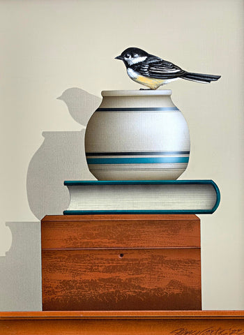 "Sitting Pretty" - a painting of a chickadee sitting atop a ceramic pot atop a book and wooden box on a tabletop by James Carter at Cottage Curator - Sperryville VA Art Gallery