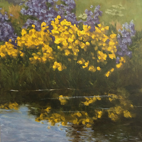 Landscape of purple and yellow flowers and their reflection in the water by Kathy Chumley at Cottage Curator - Sperryville VA Art Gallery