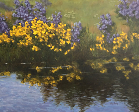 Landscape of purple and yellow flowers and their reflection in the water by Kathy Chumley at Cottage Curator - Sperryville VA Art Gallery