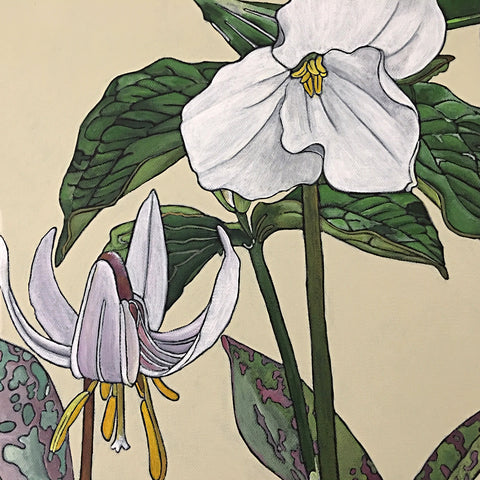 Painted family of white and yellow lilies on a cream background by Frances Coates