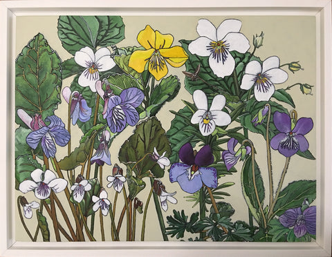 Group of white, yellow and purple violets with green leaves against an ivory background - painting by Frances Coates at Cottage Curator, Sperryville VA Art Gallery