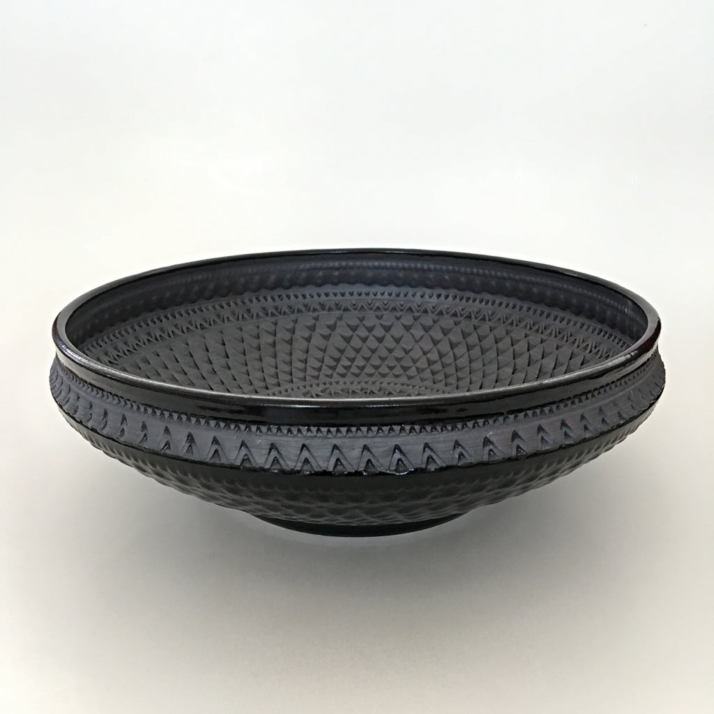 Gray, black and blue ceramic vessel with triangular pattern by Suzanne Crane at Cottage Curator - Sperryville VA Art Gallery
