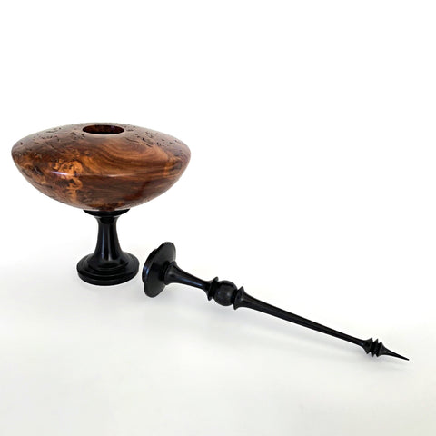 Turned wood vessel with round grained wood body and tall black finial top with black pedestal bottom by L. Michael Fraser at Cottage Curator - Sperryville VA Art Gallery