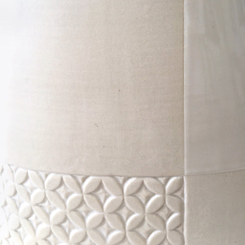 Detail of white porcelain vessel with rectangular patches of carved patterns by Yoshi Fujii at Cottage Curator - Sperryville VA Art Gallery