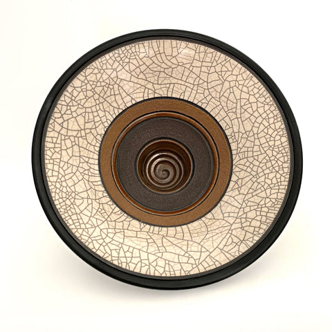Raku fired ceramic art piece with varying rings of neutral glaze by Sheldon Ganstrom at Cottage Curator - Sperryville VA Art Gallery