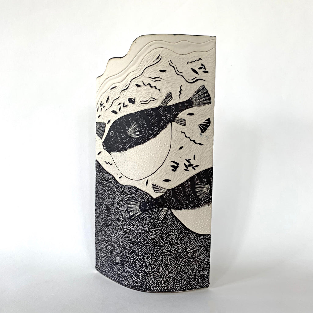 Porcelain vase with black and white carving of blowfish by Shirley Gromen at Cottage Curator - Sperryville VA Art Gallery