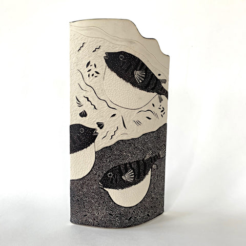 Porcelain vase with black and white carving of blowfish by Shirley Gromen at Cottage Curator - Sperryville VA Art Gallery