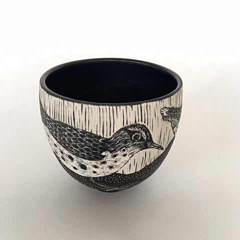 Black and white porcelain bowl with birds by Shirley Gromen at Cottage Curator art gallery - Sperryville VA