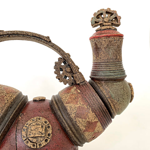Detail of Clay teapot with steampunk style pieces and metal appearance in browns and reds by Steve Palmer at Cottage Curator - Sperryville VA Art Gallery