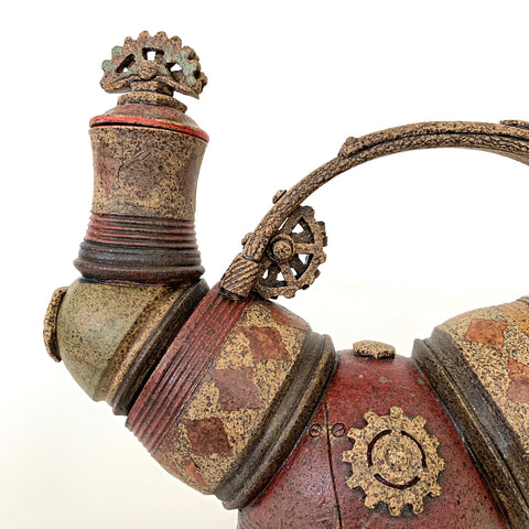 Detail of Clay teapot with steampunk style pieces and metal appearance in browns and reds by Steve Palmer at Cottage Curator - Sperryville VA Art Gallery