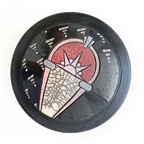 Top view of cache vessel from a suite of two ceramic pieces by Andy Smith - one tall vase and one short cache vessel - in black and white raku glaze with peach and pink details. Available at Cottage Curator - Sperryville VA Art Gallery