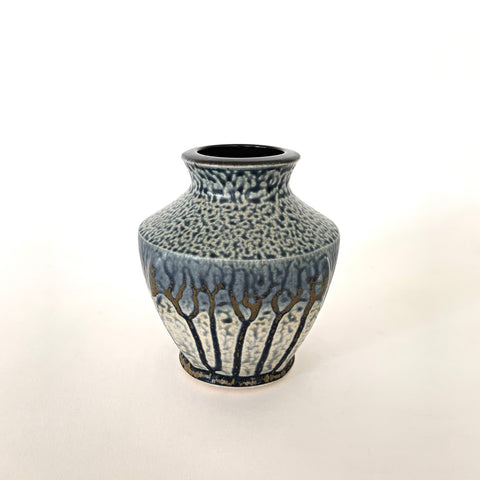 Detail of shorter vessel from Suite of two vessels - one tall and one short with wood ash glaze in white, blue and ochre by Frank Stofan at Cottage Curator - Sperryville VA Art Gallery