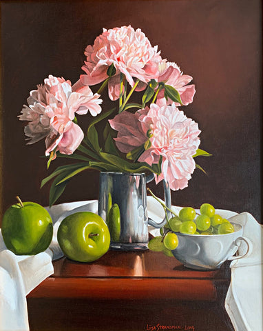 Still life of pink peonies in a pewter mug on a tabletop with white cloth, green apples and green grapes in a white teacup against a reddish-brown background by Liisa Strandman-Long at Cottage Curator - Sperryville VA Art Gallery