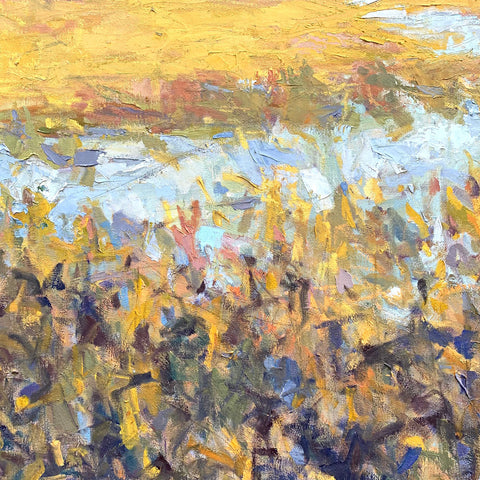 Detail of landscape painting of marsh with pastel pinks, greens, yellows and deep blues by Priscilla Long Whitlock at Cottage Curator - Sperryville VA Art Gallery