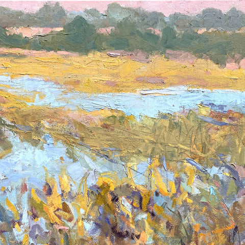 Detail of landscape painting of marsh with pastel pinks, greens, yellows and deep blues by Priscilla Long Whitlock at Cottage Curator - Sperryville VA Art Gallery