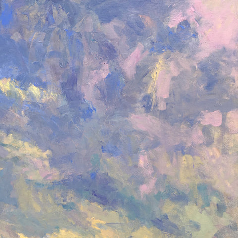 Detail of sky from oil painting in purples, blues, yellows and pinks by Priscilla Long Whitlock at Cottage Curator, Sperryville VA Art Gallery